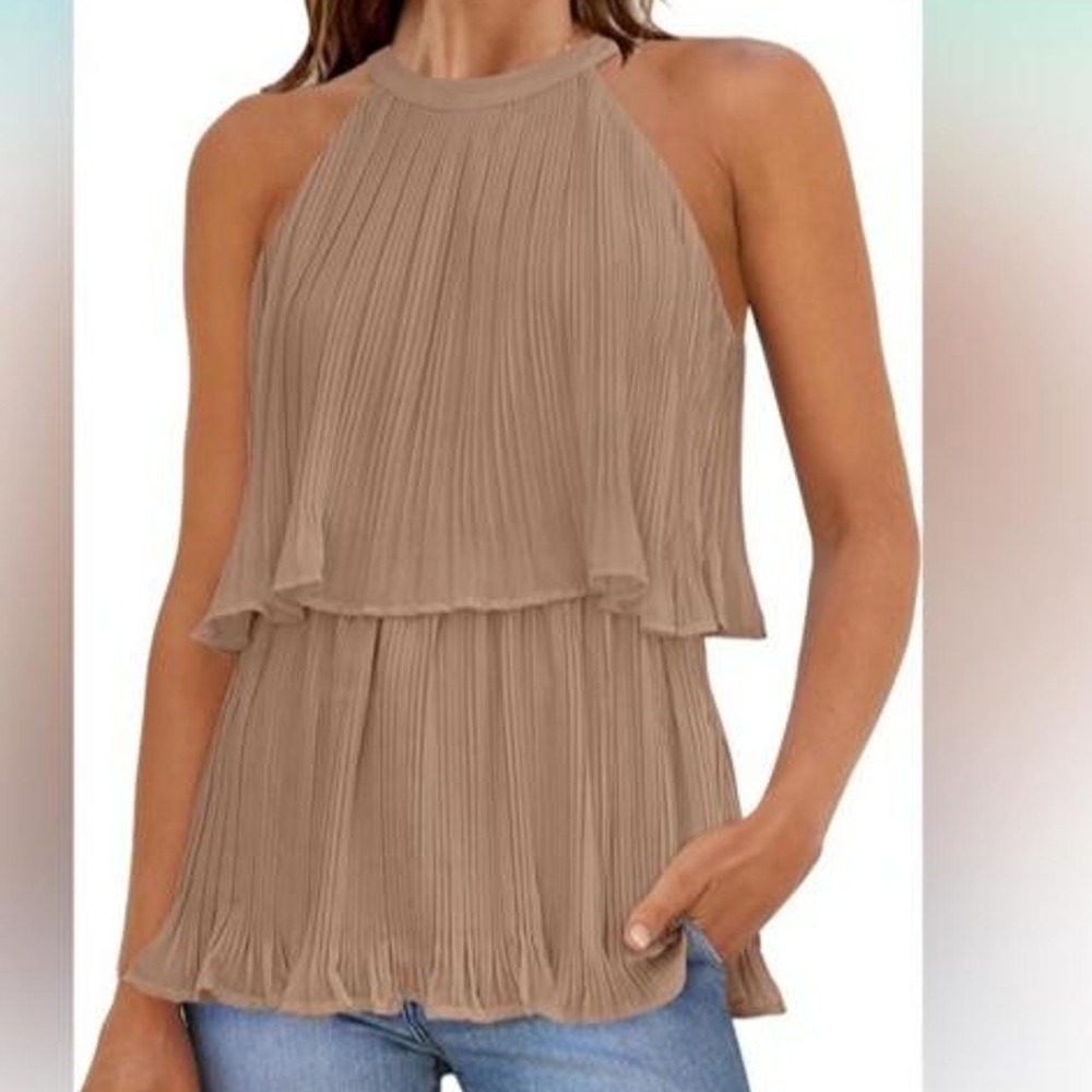 ZESICA Top Women XL Taupe Pleated Tiered Halter Neck Bow Back NWT